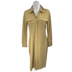 NEW Banana Republic Tan Beige Khaki Long Sleeve Button Up Midi Shirt Dress Sz S